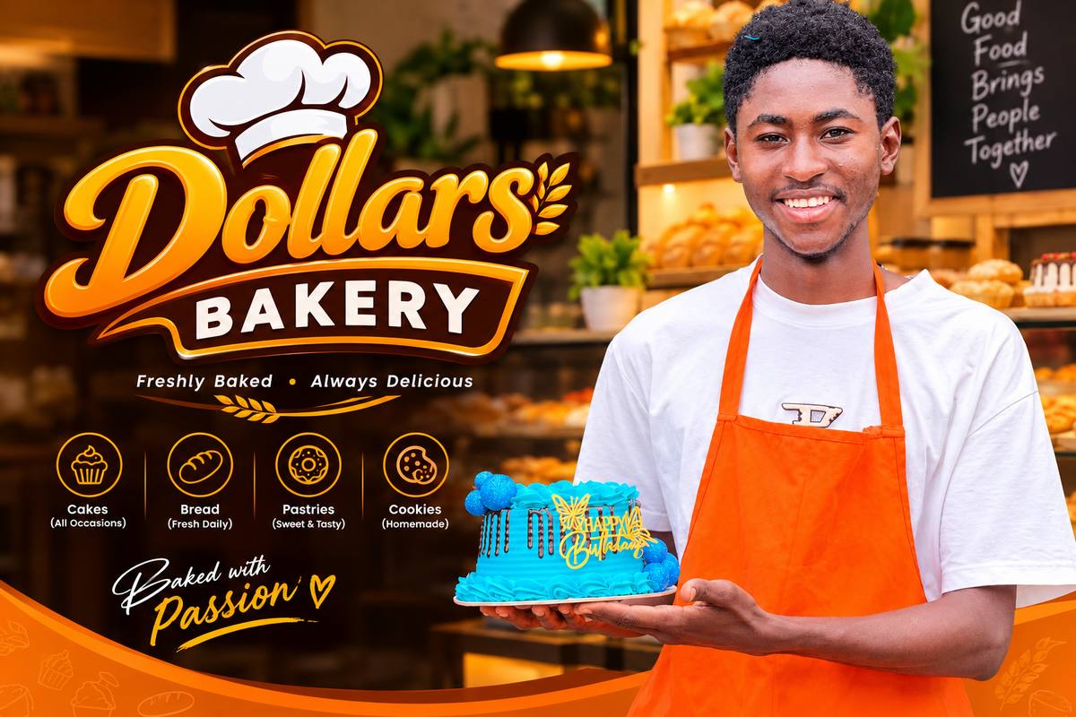 The baker behind Dollars Bakery holding a freshly decorated cake